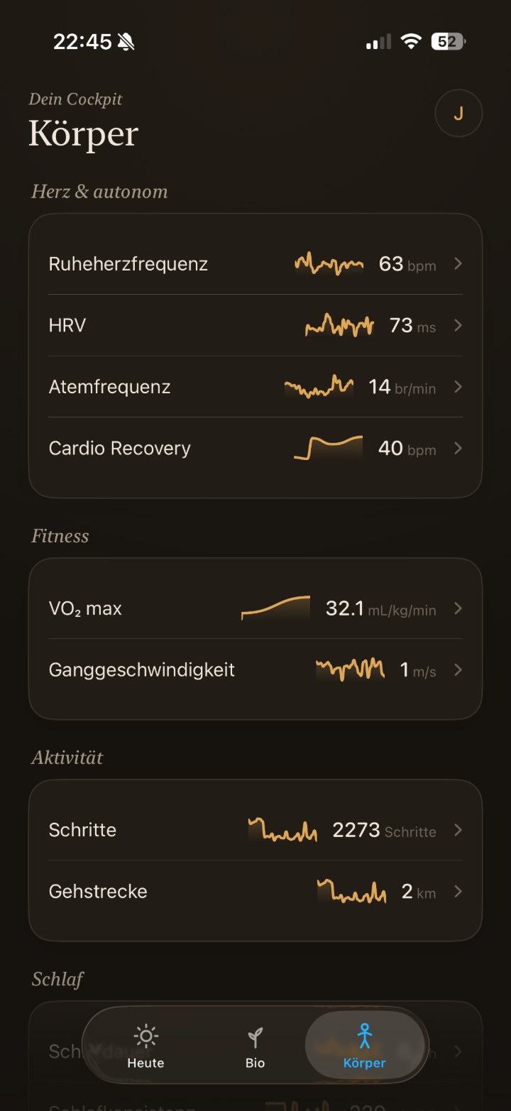 Livona Body view: metric cockpit with heart & autonomics, fitness and activity, a sparkline on each row.