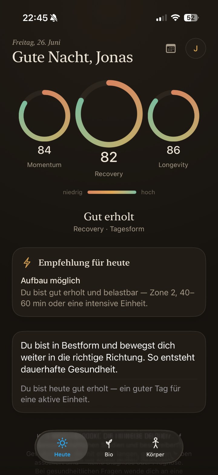 Livona Today view: three score rings for Momentum, Recovery and Longevity with a calm recommendation for the day.